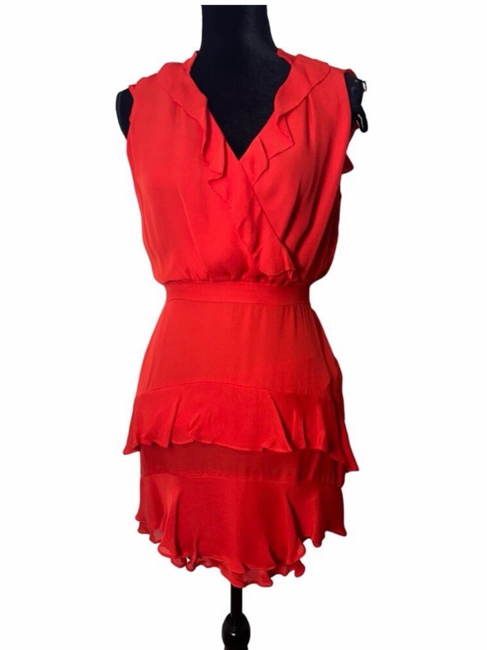 Parker Bright Red Ruffle Tiered V-Neck Mini Dress